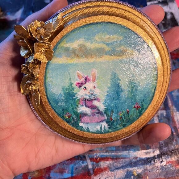 Whimsical Painting rabbit Miniature Round Art Gold Floral - Cottage Core Decor - Picture 2 of 6